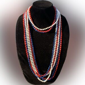 Tahari Elegant blue red white Beaded Necklace multi freestyle lightweight 90”